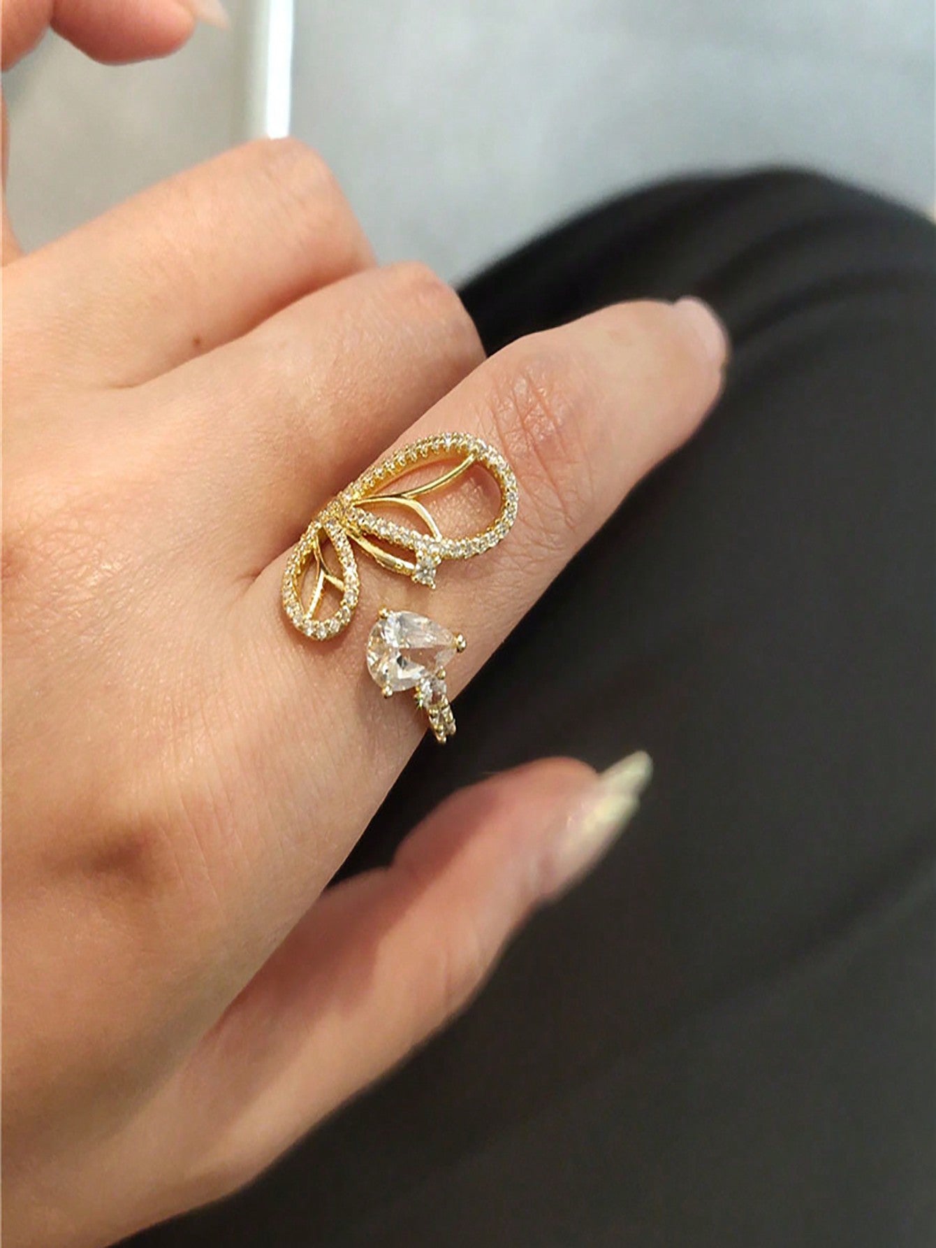 Vintage, Elegant And Unique Butterfly Shape Diamond Inlaid S925 Sterling Silver Gold Plated Ring For Women's Index Finger-Gold-1