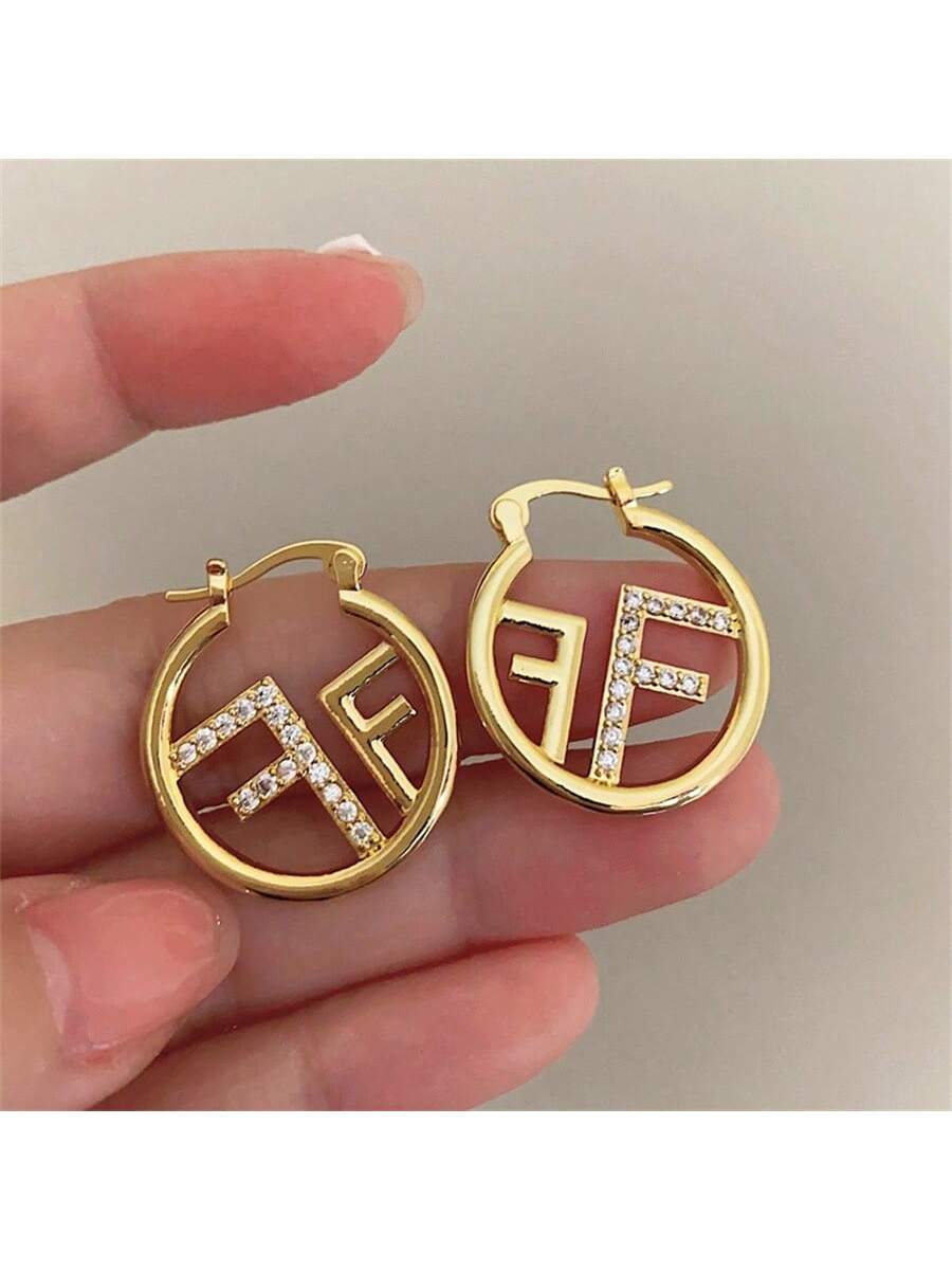 Unique Round With Double F Design Hoop Earrings Zinc Alloy Jewelry Vintage Simple Style For Women Daily Wear-Gold-1