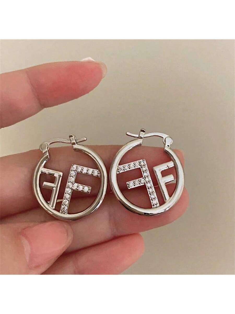 Unique Round With Double F Design Hoop Earrings Zinc Alloy Jewelry Vintage Simple Style For Women Daily Wear-Silver-1