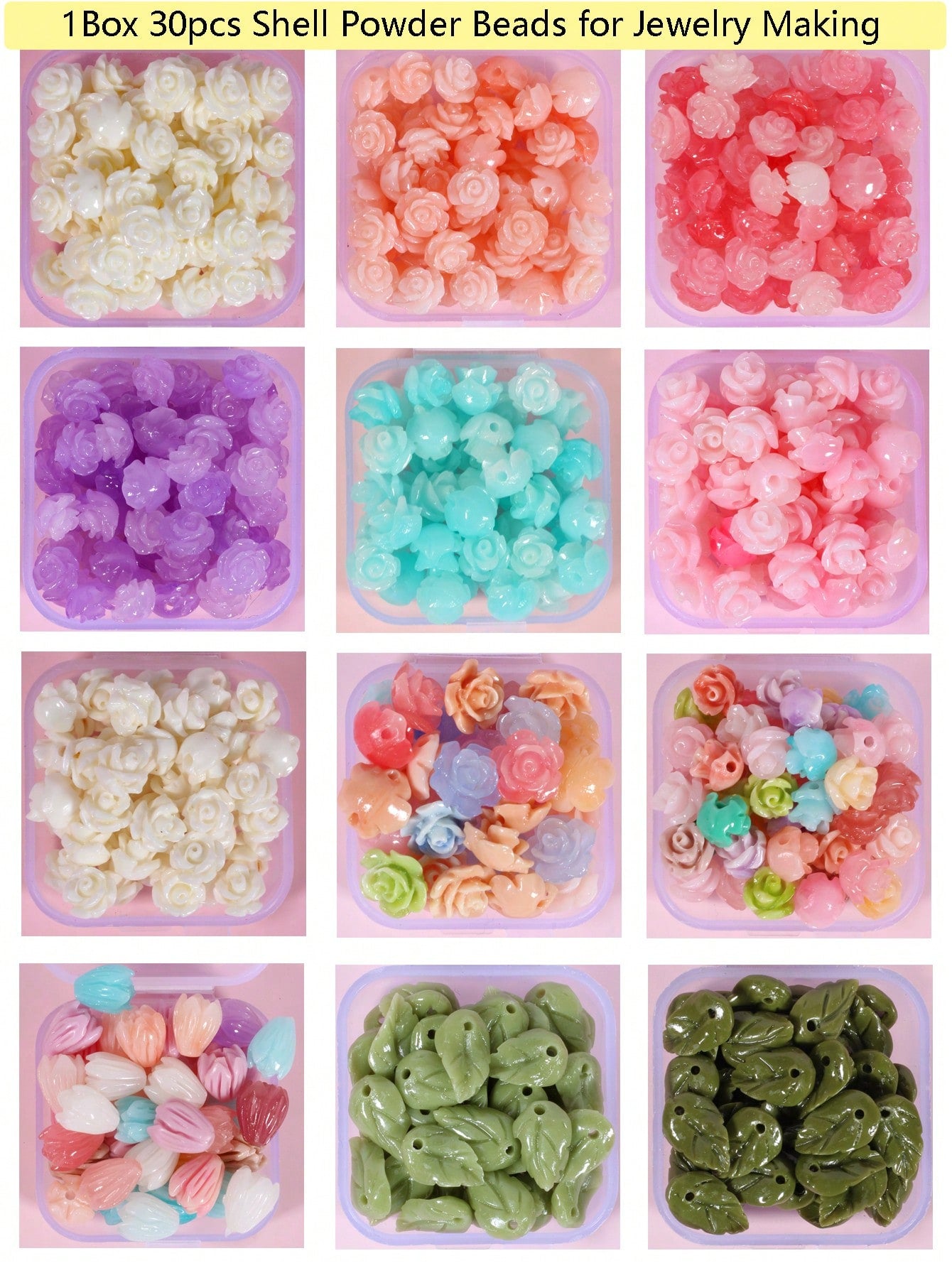 1Box 30pcs Shell Powder Beads Flower Lightweight Beads For Women/Girls Bracelet Necklace Jewelry Making Valentine'S Day Sweet Rose DIY Crafts--1