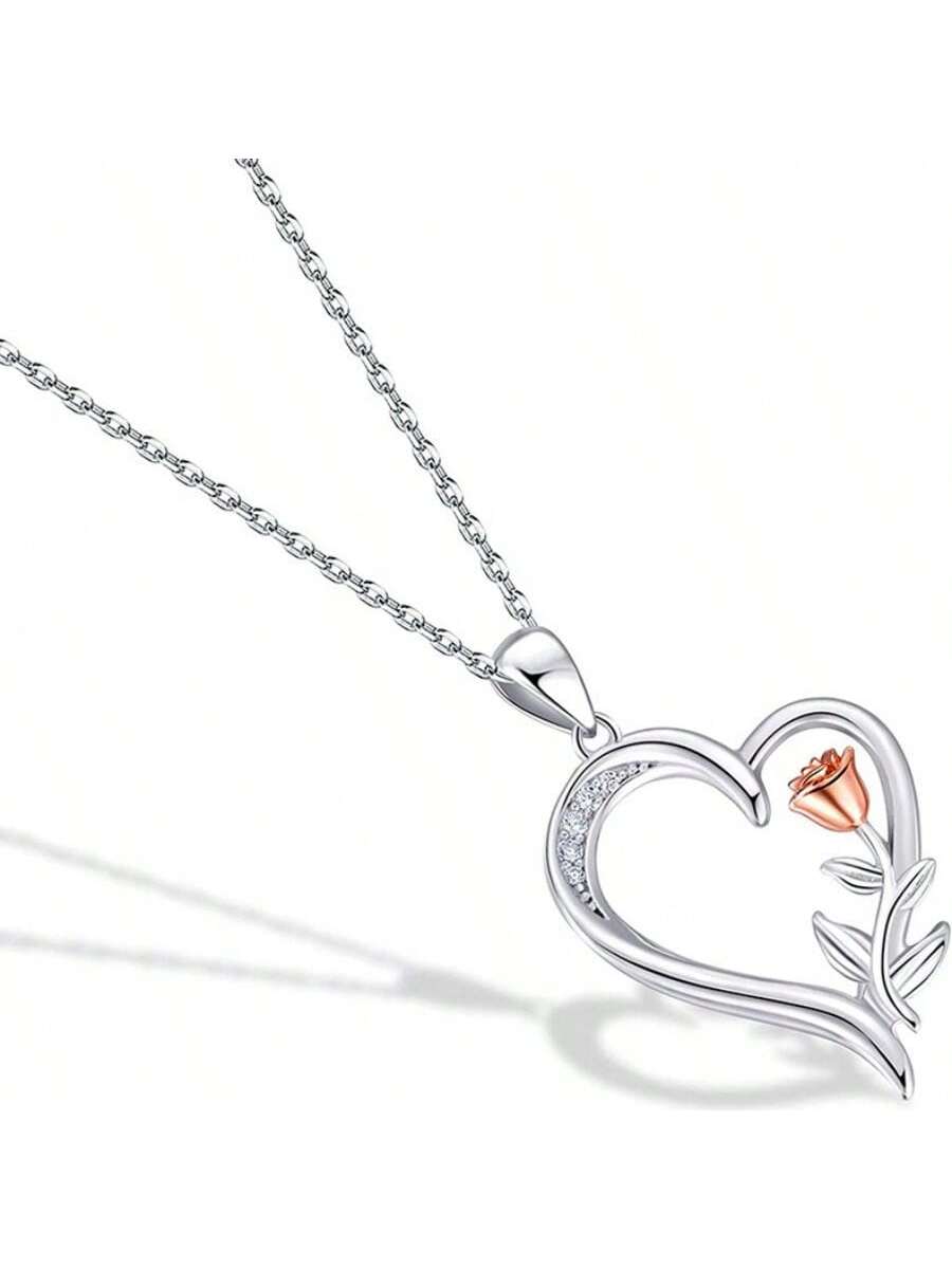 1pc S925 Silver Rose & Heart Double Color Pendant Necklace Suitable For Daily Wear, Valentine's Day Gift For Women Or Mother--1