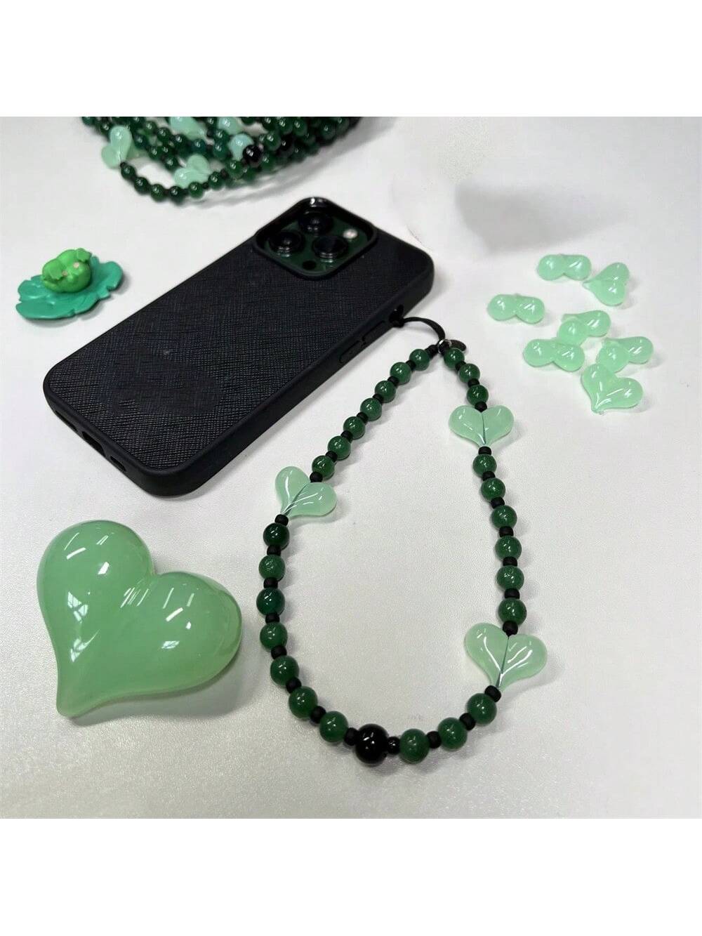 Obsidian Beaded Mobile Phone Chain For Women, Decorated With Heart Charm, Compatible With Phone Case And Can Be Worn As A Bracelet-Apricot-1