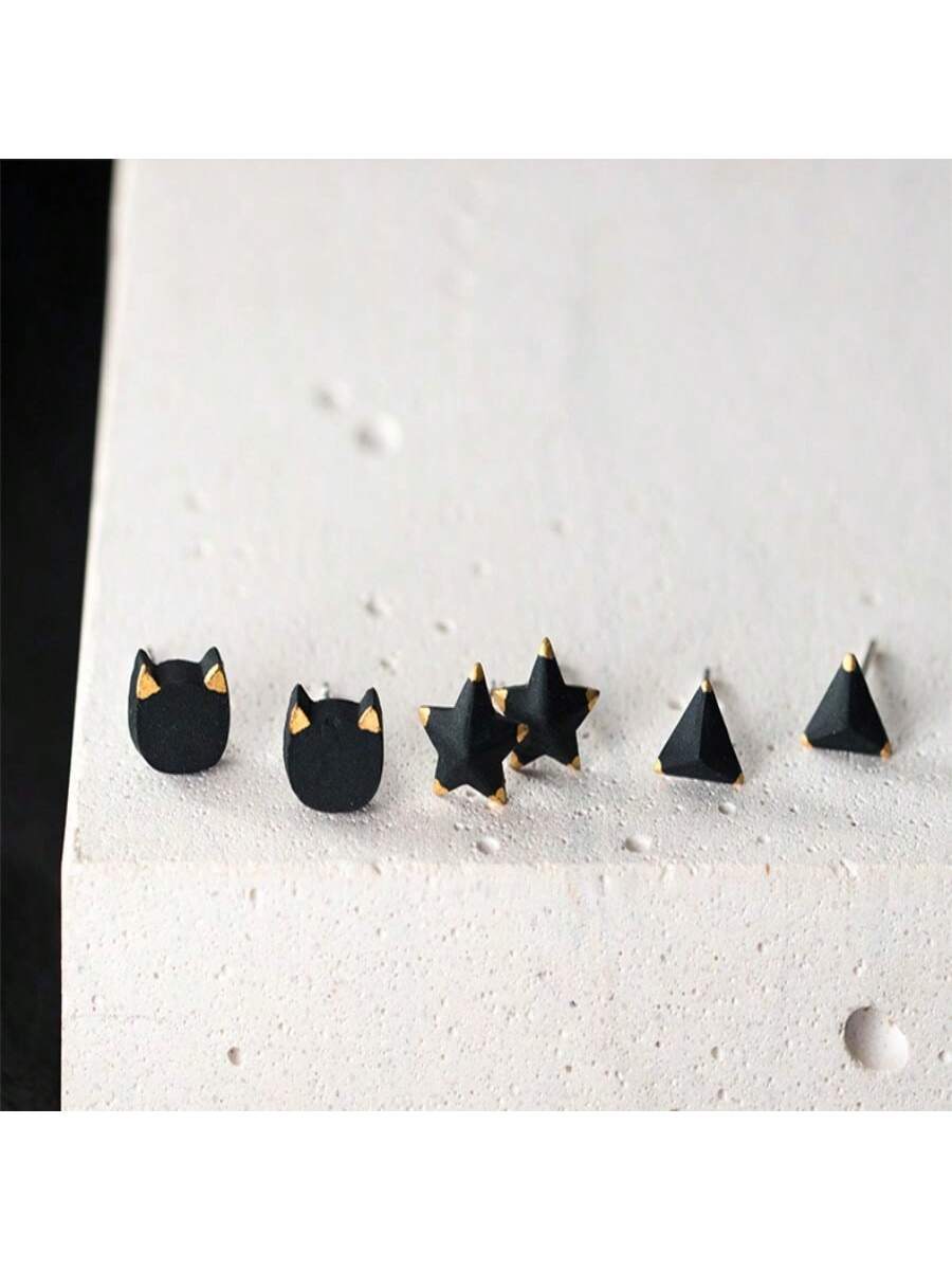 1pair (2pcs) S925 Silver Mini Cat & Star & Triangle Shaped Stud Earrings Suitable For Women's Daily Wear Or Gift Giving--1