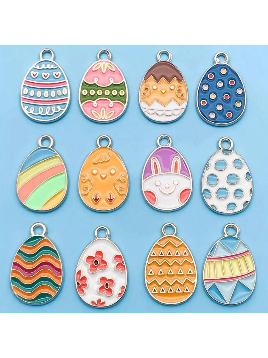 12pcs/Pack Mixed Colorful Cute Cartoon Easter Egg Design Alloy Enamel Pendants For Necklace Bracelet Earring DIY Crafts Jewelry Accessory Making Supplies-MixedColorful-1