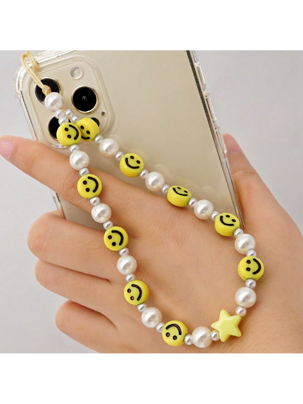 Simple And Versatile White Pearl Yellow Smiling Face Phone Rope, Suitable For Phone Accessories And Gift Giving--1