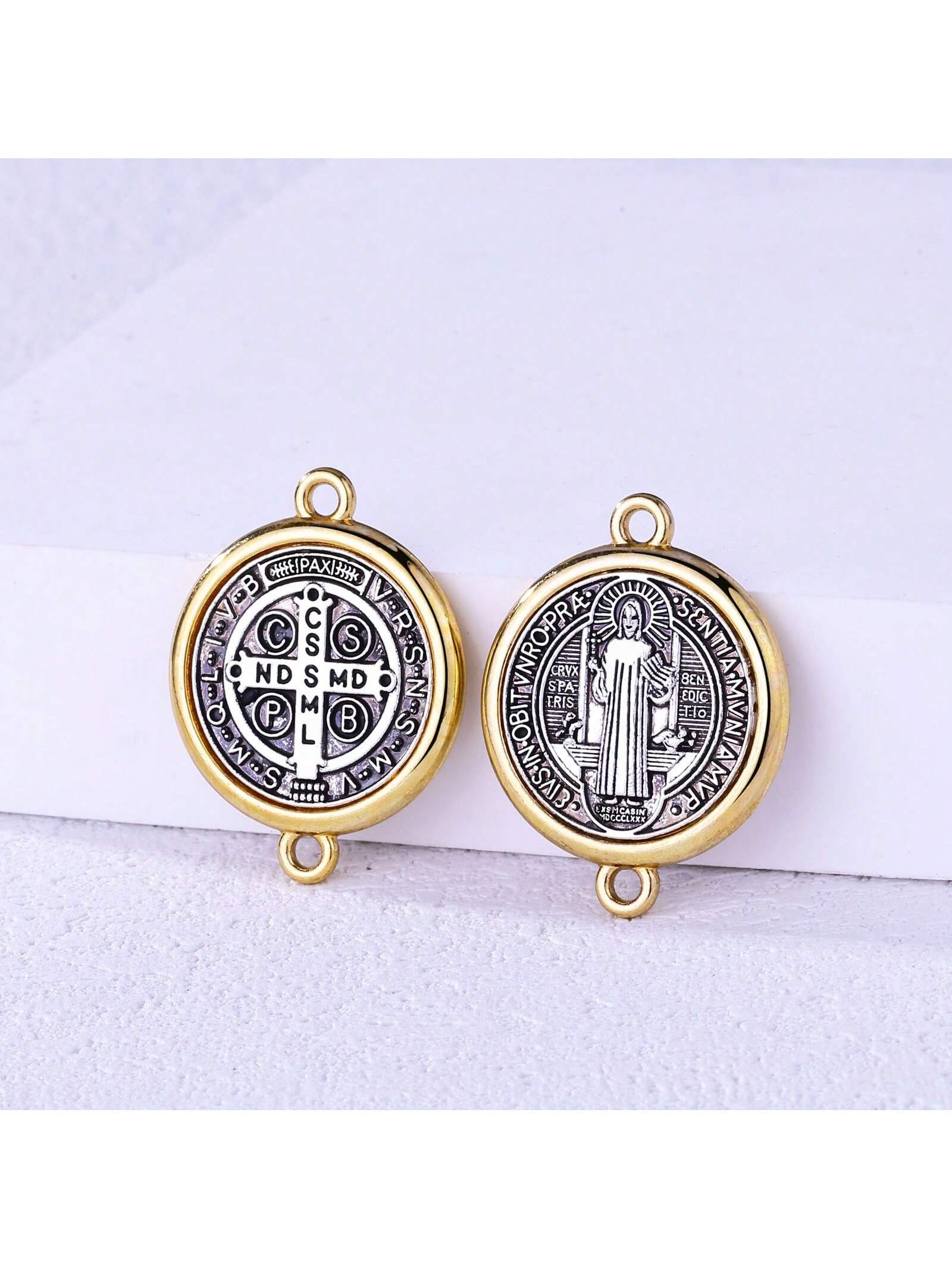 4pcs Antique Silver Round Double Medal Saint St Benedict/St. Jude/St. Benedict Medal For Diy Bracelet/Necklace Making, Christian Catholic Jewelry Accessory-Gold-1