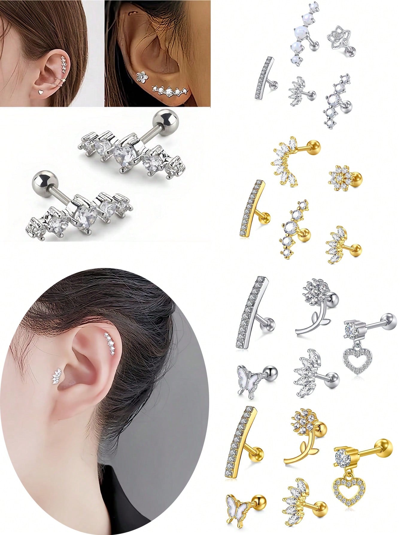 5Pcs/Set Cartilage Earring Cartilage Piercing Jewelry Forward Helix Earrings Cartilage Hoop Earring Helix Piercing Jewelry Tragus Piercing Jewelry Tragus Earrings For Women Silver Gold--1