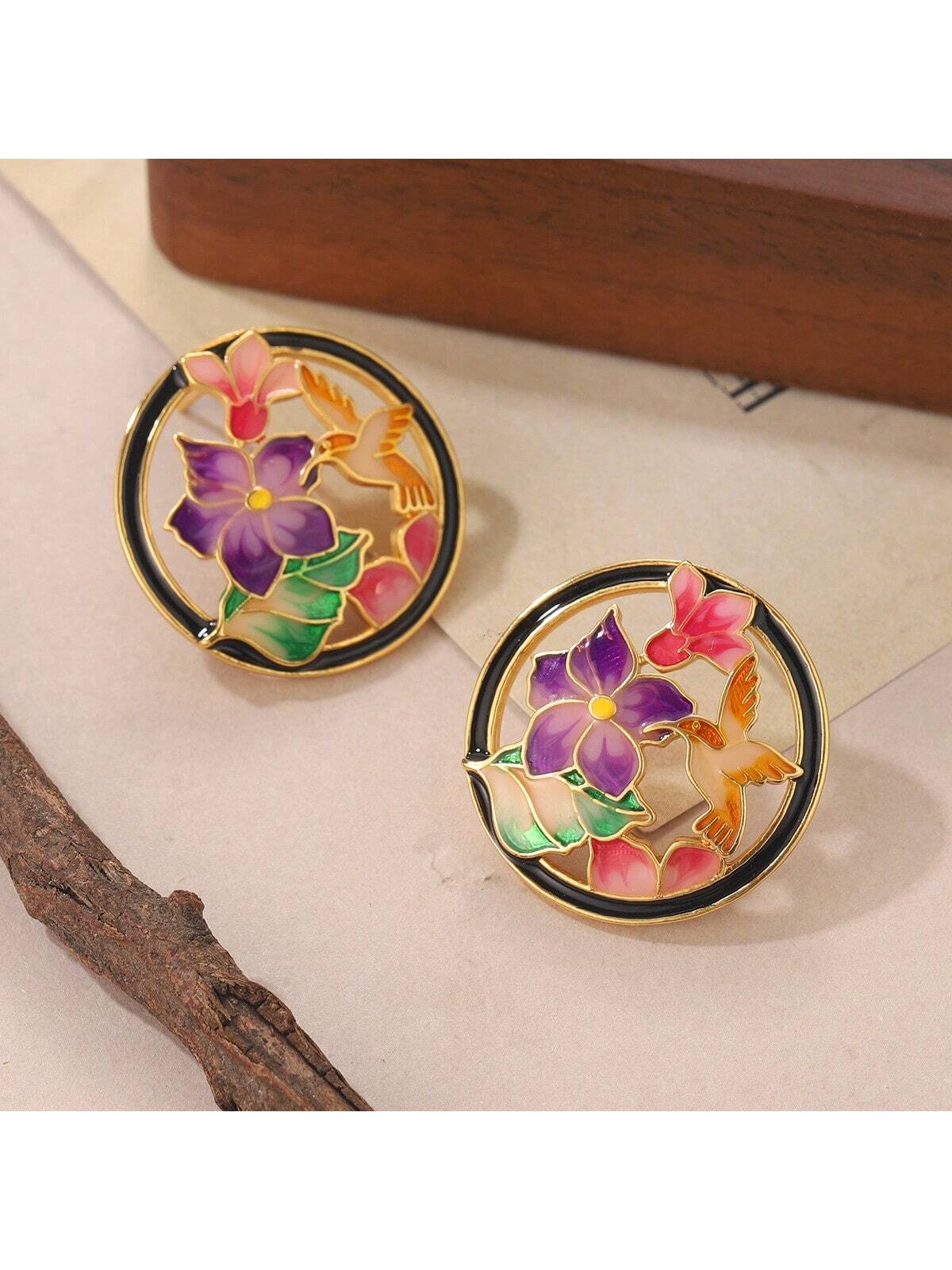 1pair 18k Gold-Plated Copper & 925 Silver Chinese Painting Flower Stud Earrings With Gift Box For Women, Dating/Party Accessories-Multicolor-1