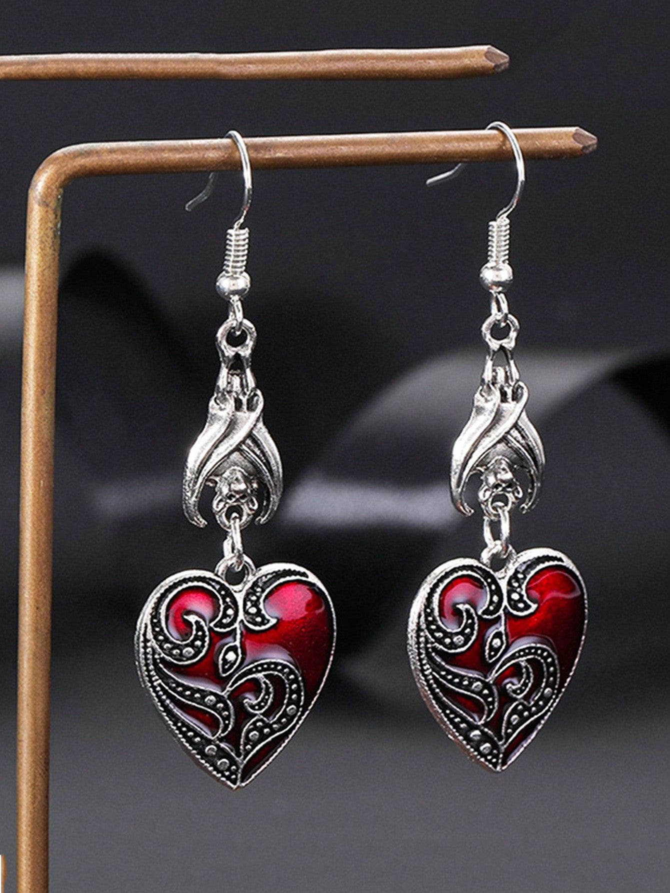 1pair New Gothic Style Alloy Black Bat & Dripping Oil & Heart Shaped & Floral Pattern Minimalist Personality Earrings-Red-1