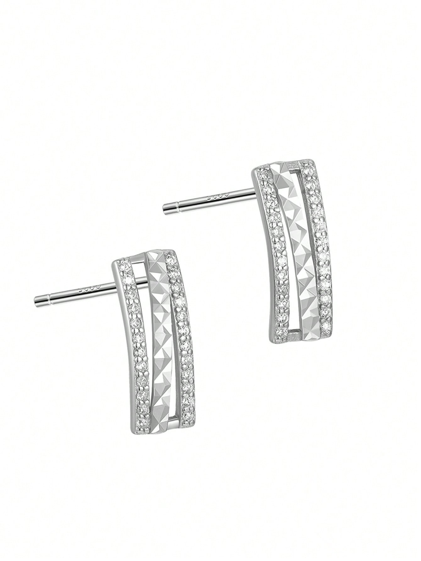 1pair Fashionable 925 Sterling Silver Diamond Inlay Rectangle Ear Clip Earrings, Unisex, Suitable For Daily Wear--1