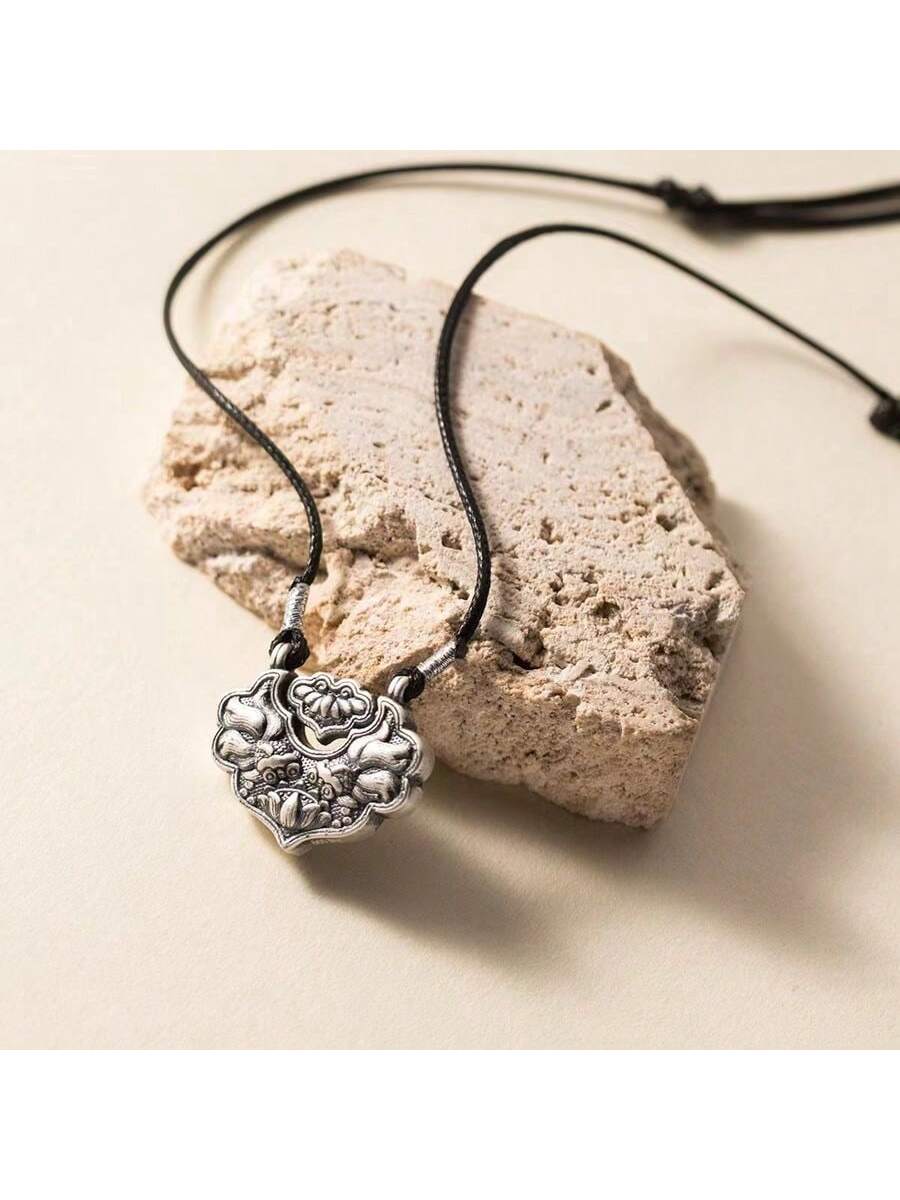 S925 Sterling Silver Lotus Pendant With Chinese Style Lucky Box & Adjustable Cord Lucky Necklace-Silver-1