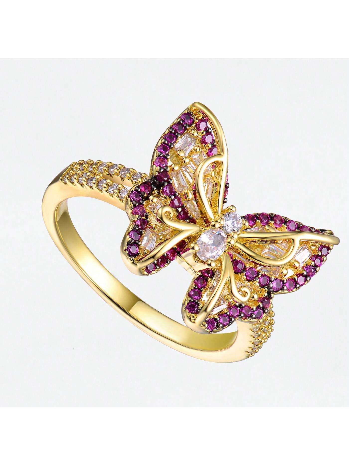 "Exquisite 14k Yellow Gold Plated Ring For Young Adults And Teens, FEATURING Amethyst And Cubic Zirconia: A Beautiful Representation Of Transformation And Beauty"-Yellow Gold-1