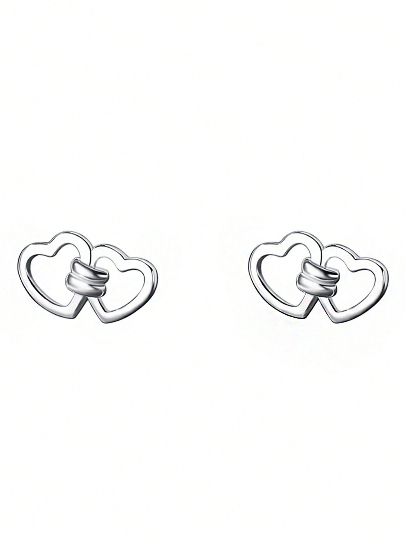 1pair Of Exquisite 925 Sterling Silver Hollow Double Heart-Shaped Corresponding Stud Earrings For Women's Daily Wear--1