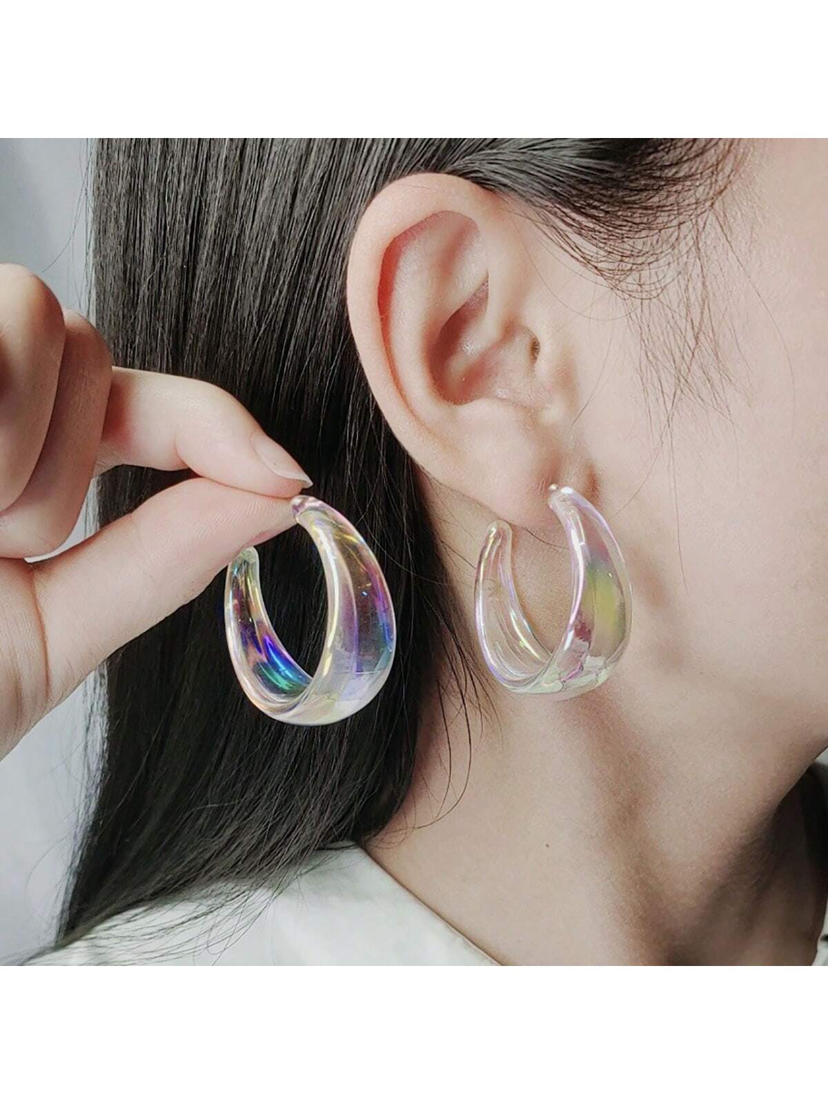 1pair Iridescent Clear Acrylic Hoop Earrings Suitable For Women-Clear-1