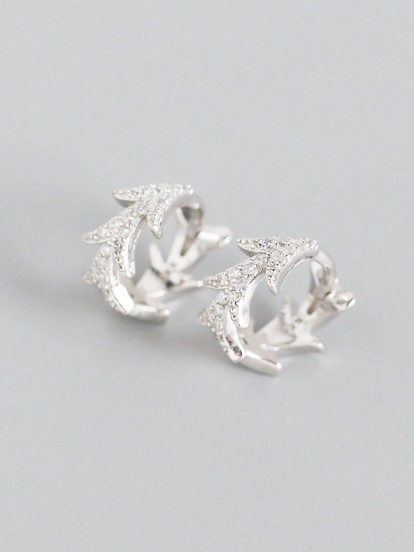 1pair/2pcs S925 Silver French Style Rhinestone Studded Tree Leaf Design Elegant Earrings For Women-Silver-1