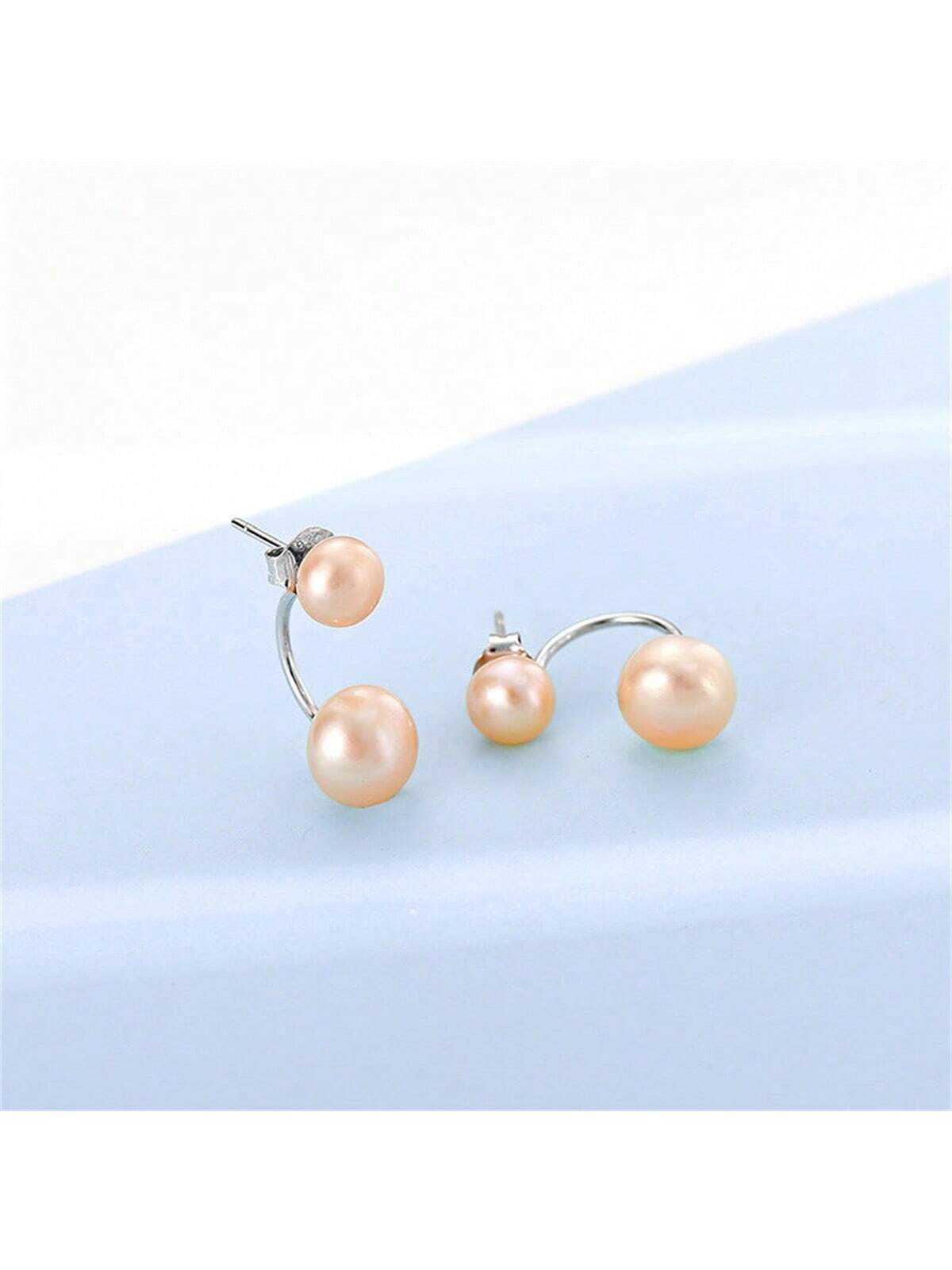 1 Pair Of AAA Double Real Pearl Earring Jackets Pearl Drop Earrings With S925 Sterling Silver And 18K Gold Plated Clasps For Women-Pink-1