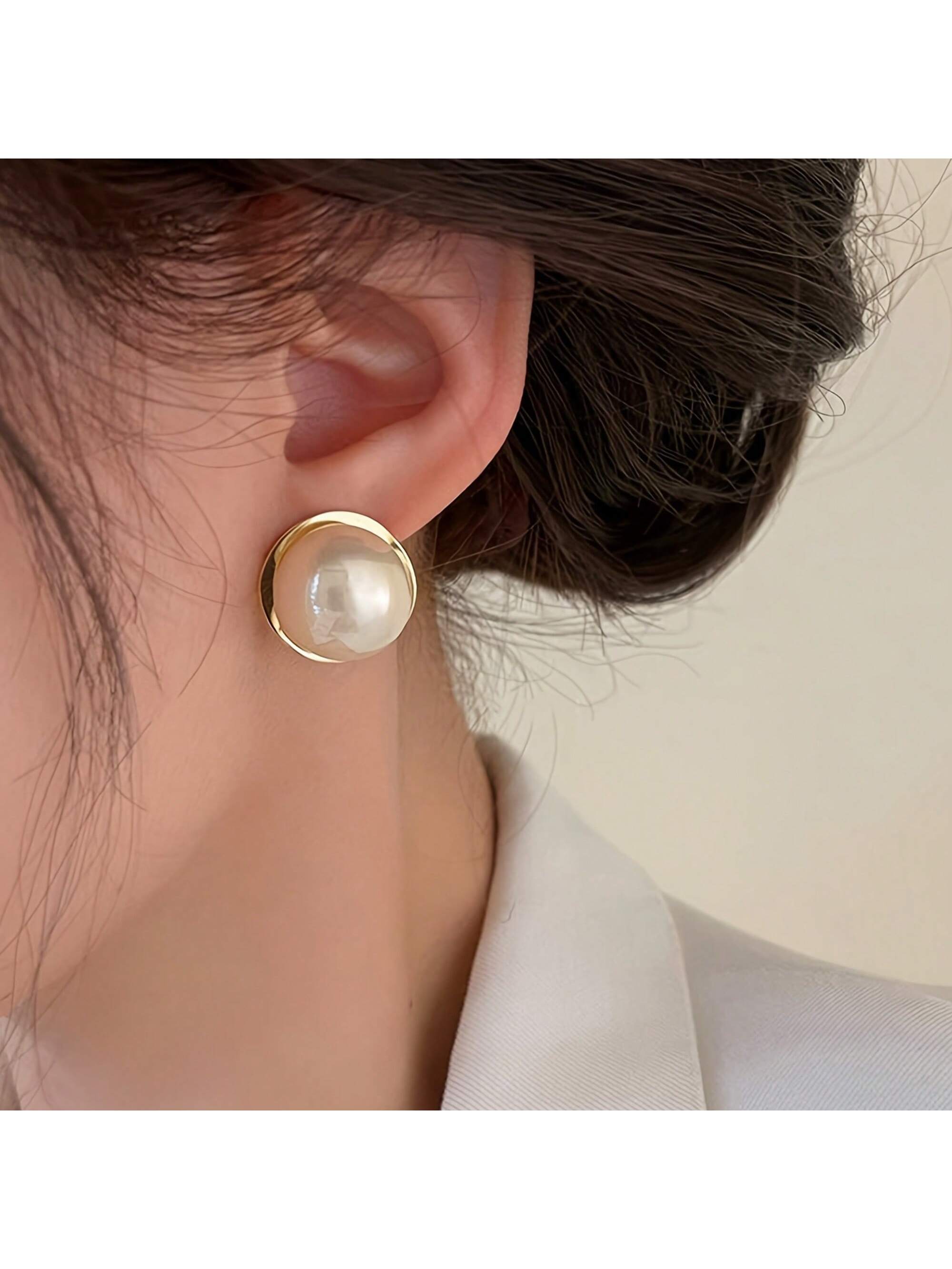 1pair Fashionable Simple Classic Pearl Stud Earrings With Smooth Irregular Arc Shape, Suitable For Wedding, Gift, Travel, Party, Daily Wear-Champagne-1