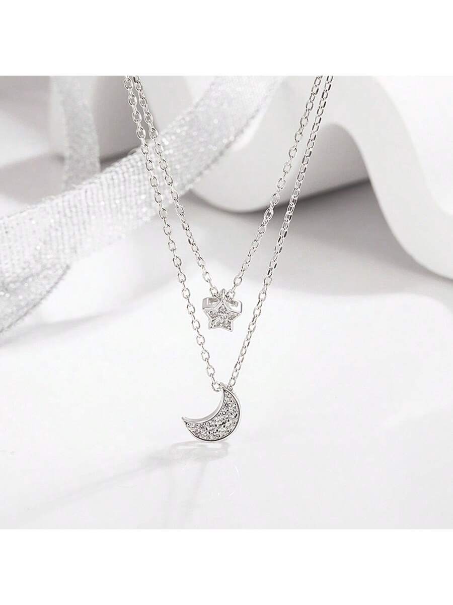 1pc Personalized Sterling Silver Cubic Zirconia Decorated Star & Moon Pendant Necklace Suitable For Daily Wear For Women-Silver-1