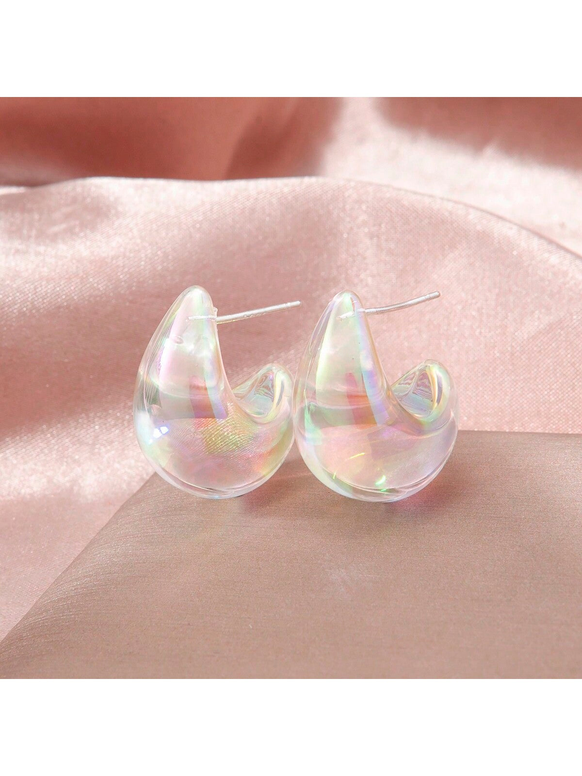 1pair Glittering Sweet Transparent Colorful Water-Drop Shaped Earrings Suitable For Girls' Daily Wear--1