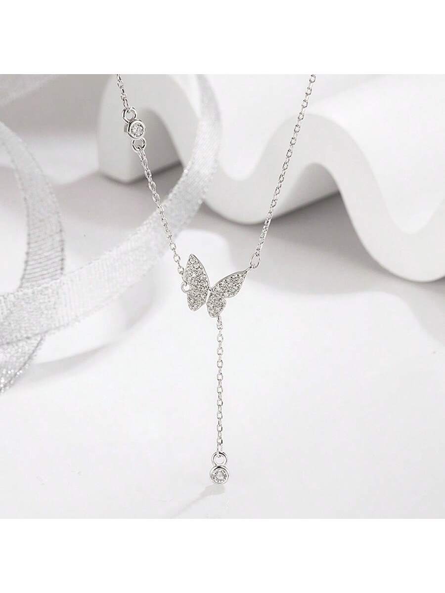 1pc Fashionable Sterling Silver Butterfly Shaped Pendant Necklace With Cubic Zirconia, Suitable For Everyday Wear By Women-Silver-1