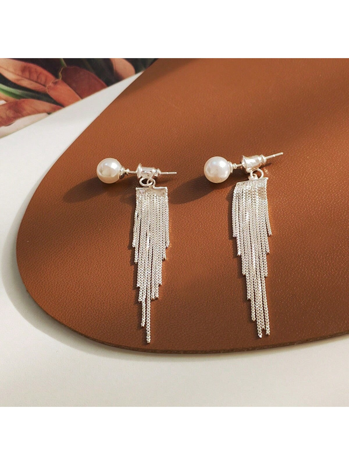 1pair Super Dangling Pearls & Tassel Earrings For Women, Unique Design With Luxury Feel & Two Wearing Styles-White-1