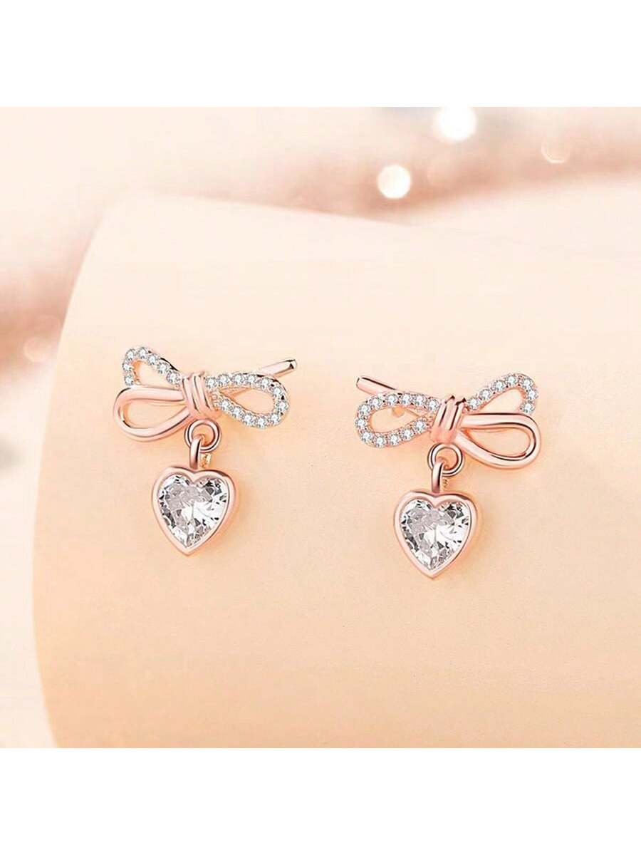 S925 Sterling Silver Butterfly Shaped Earrings Embellished With Full Rhinestones And Heart-Shaped Cubic Zirconia, Exquisite And Versatile Jewelry-Rose Gold-1