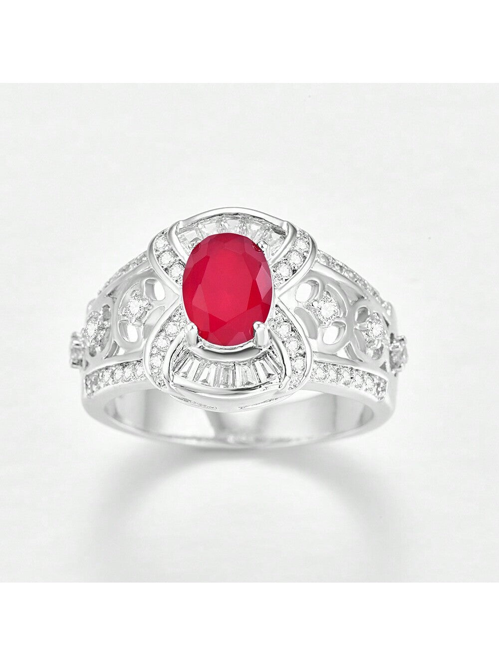 Wide Hollow Out Floral Pattern Zirconia Paved Halo Ring Suitable For Weddings, Holidays, Birthdays, Parties-Red-1