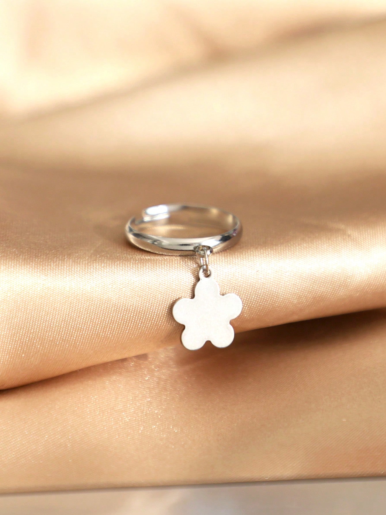 1 Minimalist Stainless Steel Five Petal Flower Clover Adjustable Women's Ring, Suitable For Daily Use, Gifts, Fashion Accessories-Silver-1