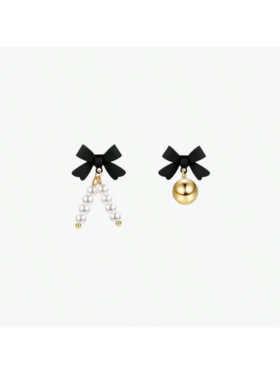 New Year Zodiac Sign Butterfly Bowknot Imitation Pearl Ear Studs For Women 2024 Spring/Summer High-End Asymmetrical Design Ear Decorations-Black and White-1