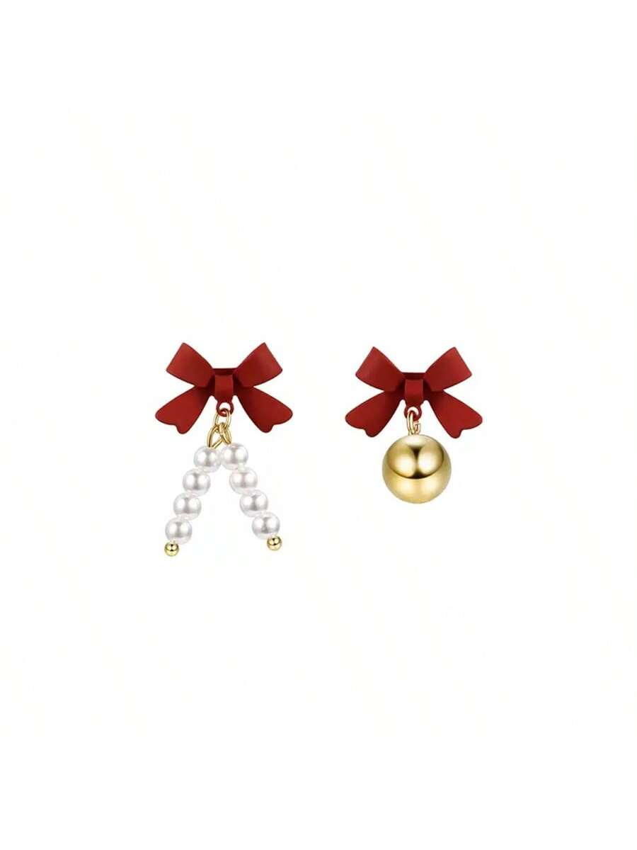 New Year Chinese Zodiac Red Bowknot & Imitation Pearl Ear Studs For Women, 2024 Spring/Summer Trendy Asymmetric Earrings-Red and White-1