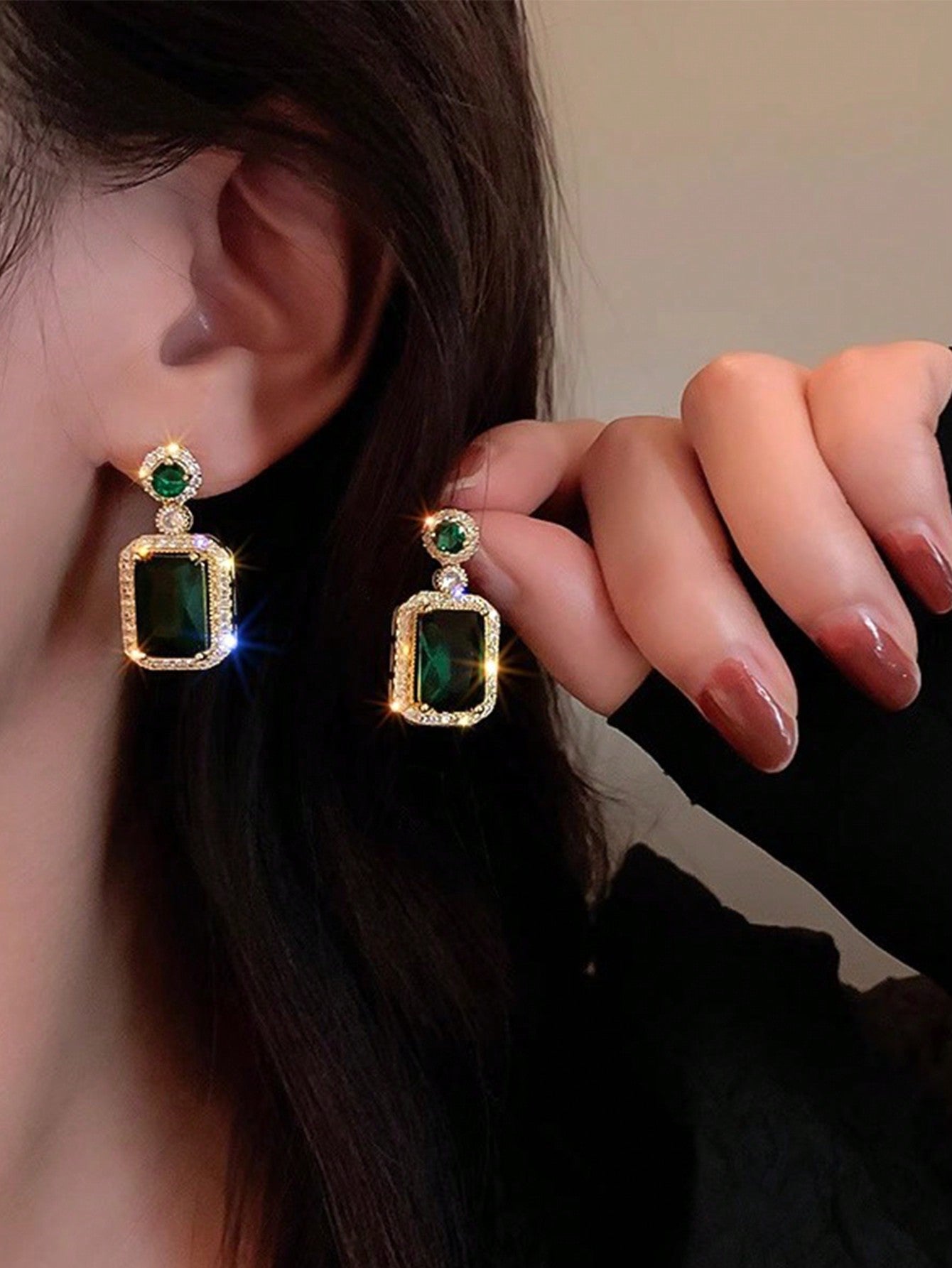 1pair Fashionable Simple Square Green Zirconia Dangle Earrings, High-End Ear Jewelry-Multicolor-1