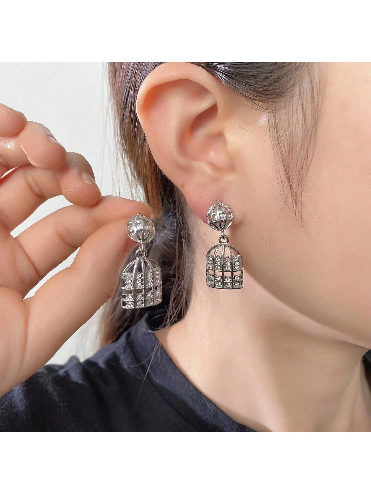 1pair Hollow Out Birdcage Shaped Alloy & Rhinestone Elegant Jewelry, Suitable For Party/Daily Wear-Silver-1