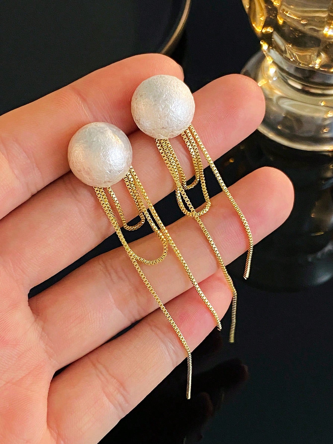 1pair Simple Luxury Design Faux Pearl & Tassel Drop Earrings For Women-Yellow Gold-1