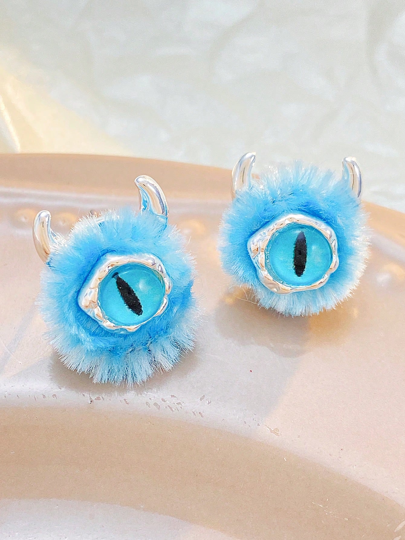 1pair Cartoon Plush Little Monster Earrings, Novelty Sweet Funny Ear Studs With Unique Style--1