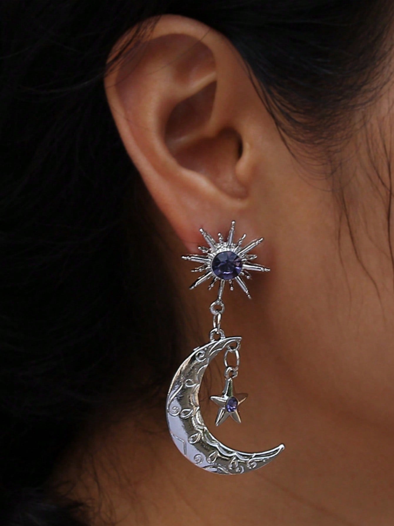 1pc Fashionable Star And Moon Shaped Dreamy Earring For Women, Suitable For Birthday And Festival Gifts For Girlfriend Or Best Friend-Silver-1