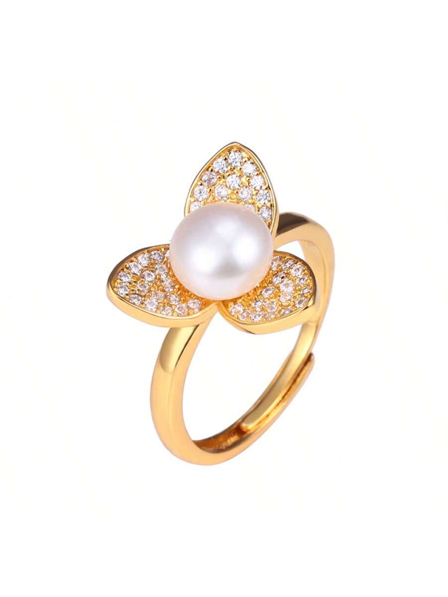 Women's Ring Natural Freshwater Pearl Triple Flower Shape 18K Copper Plated Genuine Gold-Gold-1