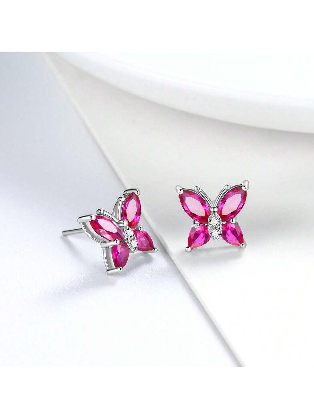 1pair Cute Sterling Silver & Pink Diamond Butterfly Stud Earrings For Women Party Gift, Birthday Gift-Hot Pink-1