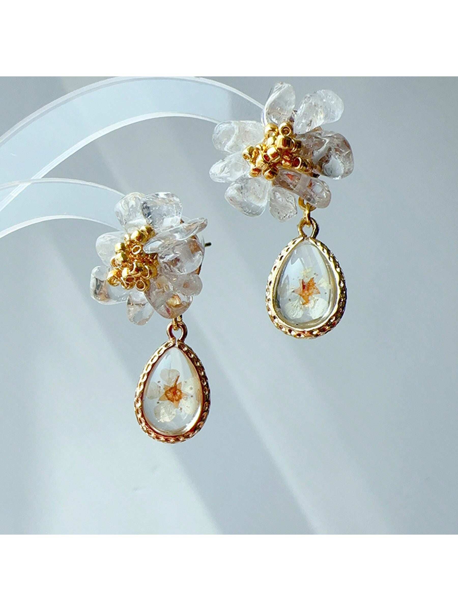 2pcs Crystal Earrings With 18k Gold Plated Copper And 925 Silver Needle, Pure And Fresh Crystal Flower Drop Earrings, Clear And Transparent, Rejuvenating-Multicolor-1