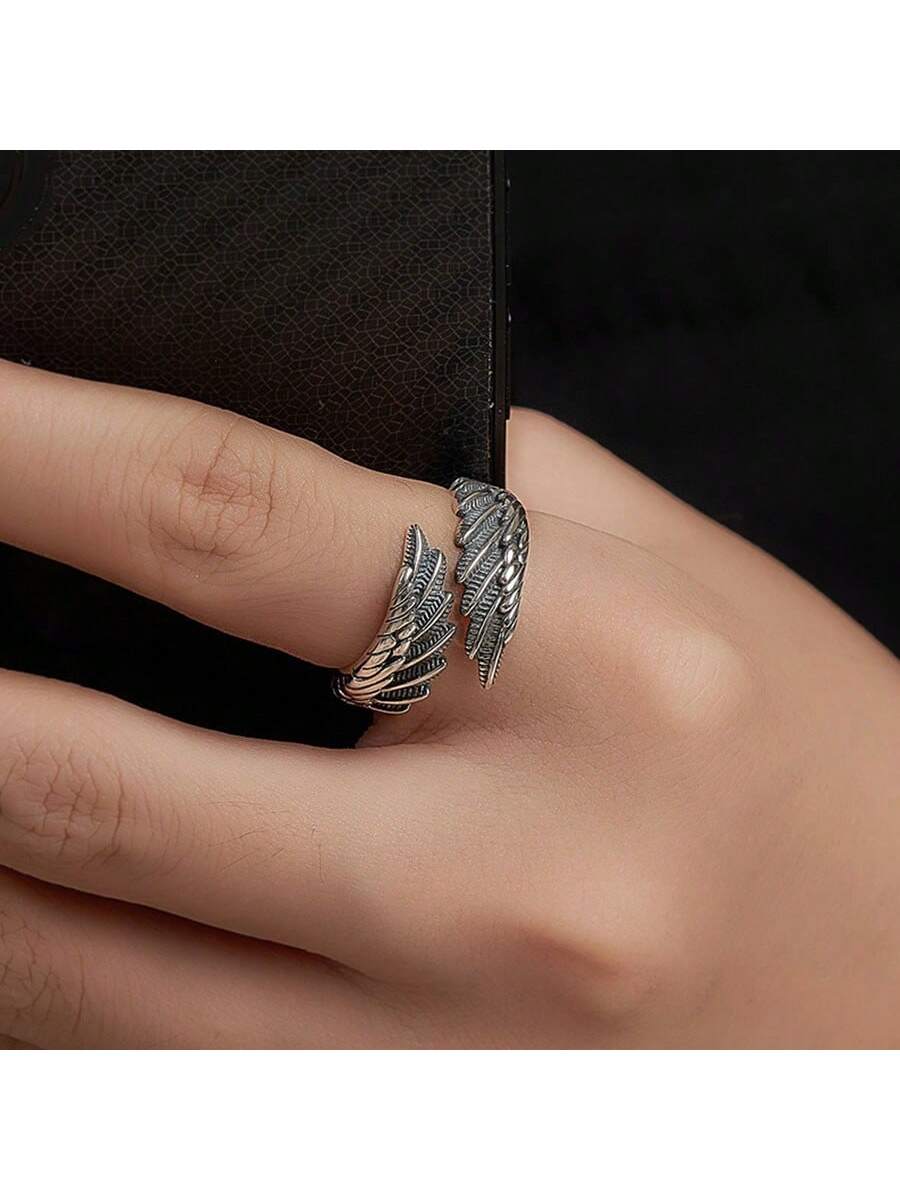 Vintage Thai Silver Angel Wing Adjustable Open Ring For Men And Women, S925 Plated, Perfect For Daily Wear-Antique Silver-1