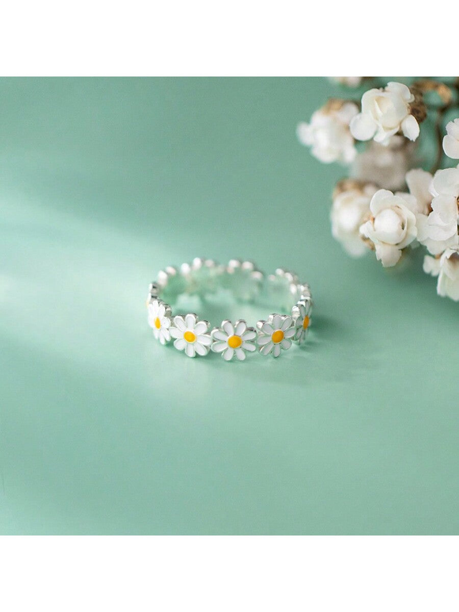 1 Pair 2024 Spring New 925 Sterling Silver Delicate Daisy Chain Ring - Enamel And Sterling Silver Floral Band For A Touch Of Spring Opening Adjustable--1