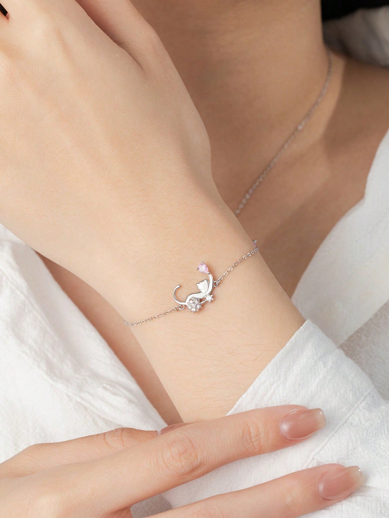 1pc 925 Sterling Silver Cz Kitty Charm Bracelet, Cute And Stylish Gift For Women's Daily Matching Or Valentine's Day Dating, Only Bracelet Sold Separately--1