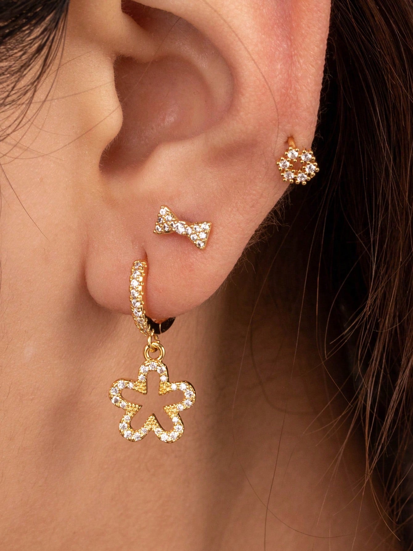 1pc Simple & Fashionable Stainless Steel Micro Inlay Lucky Clover Drop Earring With Snowflake Ear Stud, Bow & Cartilage Piercing Earring-Yellow Gold-1