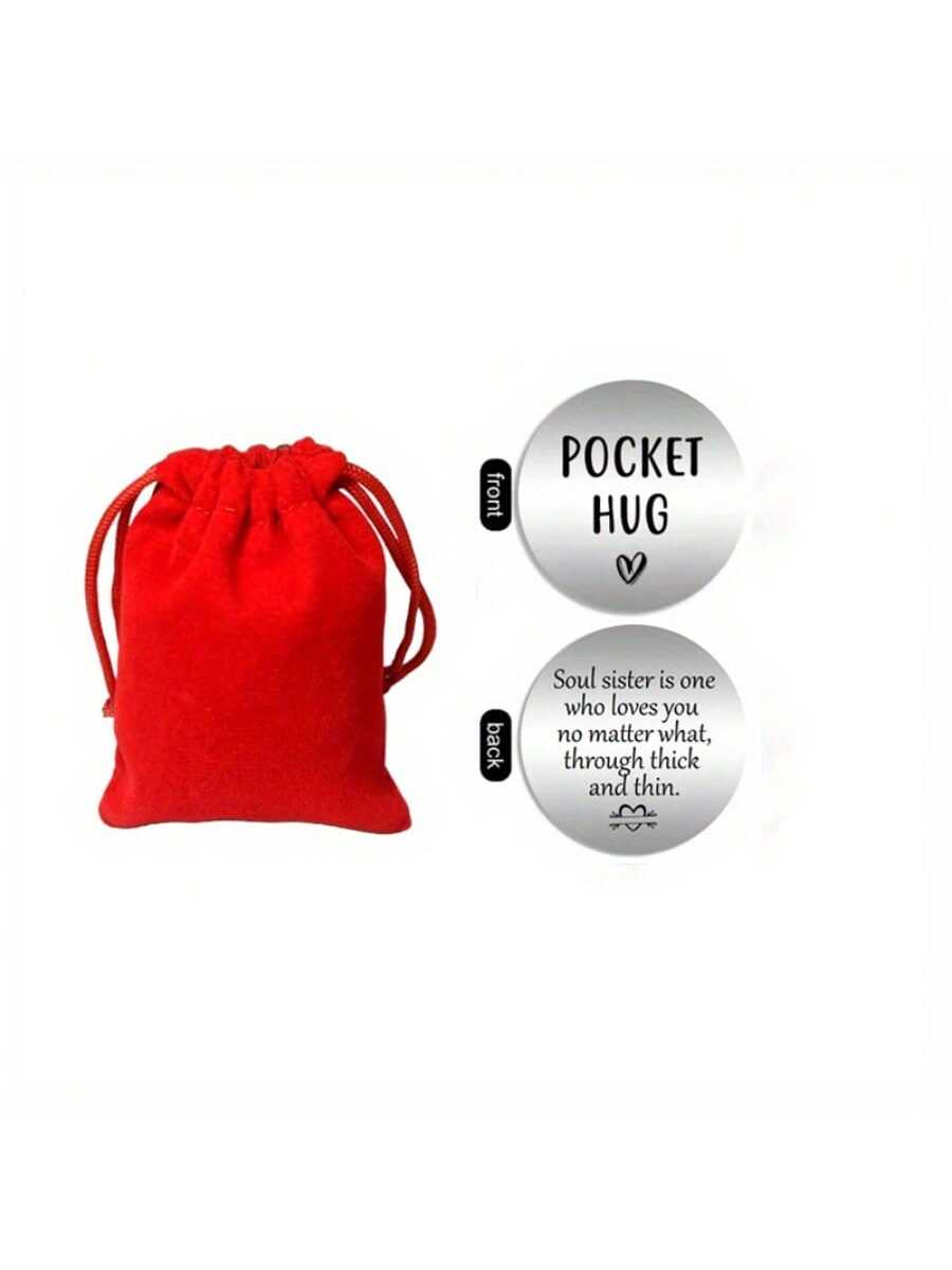 Double Sides Customized Stainless Steel Token In Red Velvet Pouch, Festival Gift-Silver-1