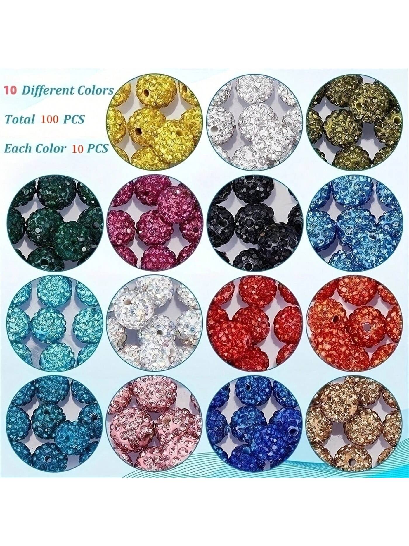 100pcs Mixed Color Straight Hole Drilled Bead Clay Ball, Round Polymer Clay Charm Bead Rhinestone Crystal Beads, For Diy Bracelet Necklace Jewelry Making--1