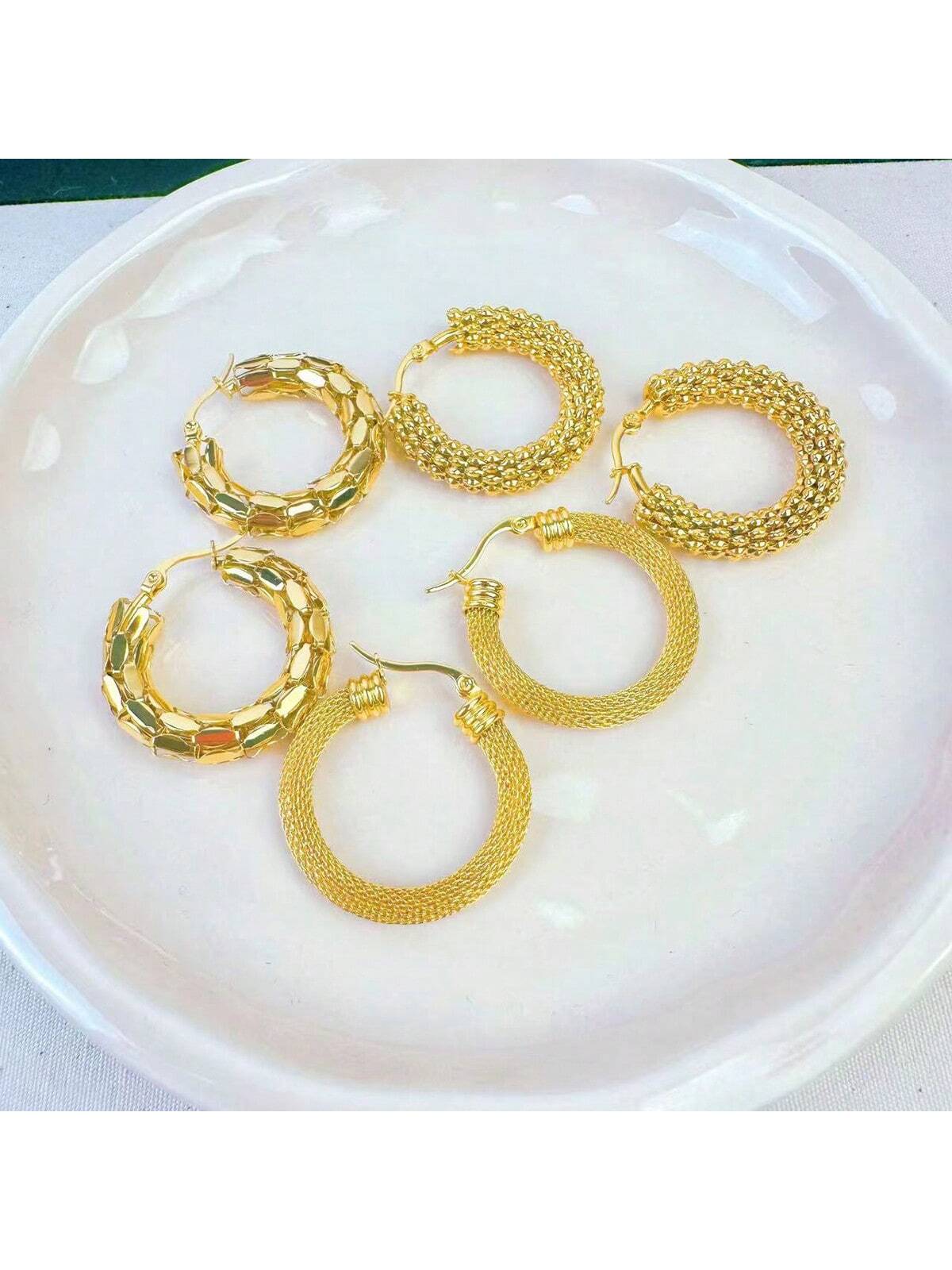 6pcs Fashionable Circle Shaped Hollow Out Earrings With Snakeskin Texture For An Original & High-End Look-Gold-1