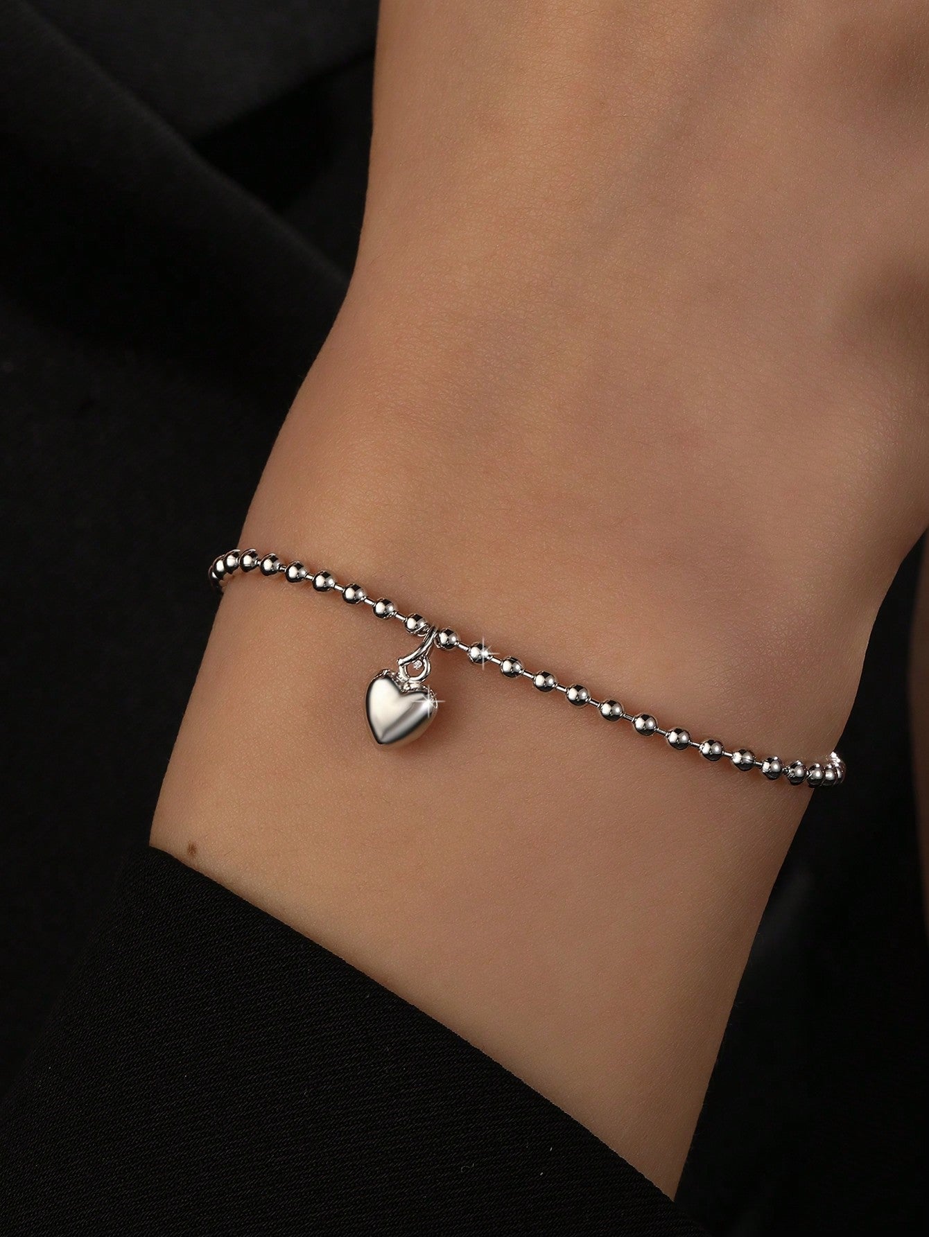 1pc 925 Sterling Silver Peach Heart & Round Bead Bracelet, Fashionable Simple All-Match Ladies' Jewelry Gift-Silver-1