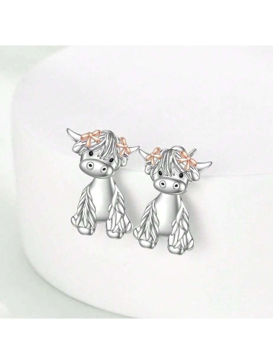 Cute Animal Ear Studs With Pink Bowknot & Tortoise Animal Stud Earrings Gift For Women/Girls On Birthday, Christmas Etc.-Silver-1