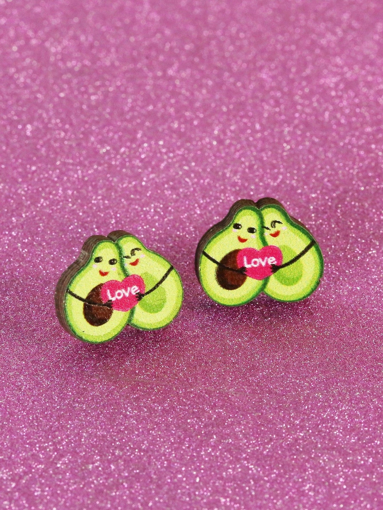 Valentine's Day Wooden Printed Avocado Shaped Stud Earrings & Dangle Earrings With Colorful Hearts--1