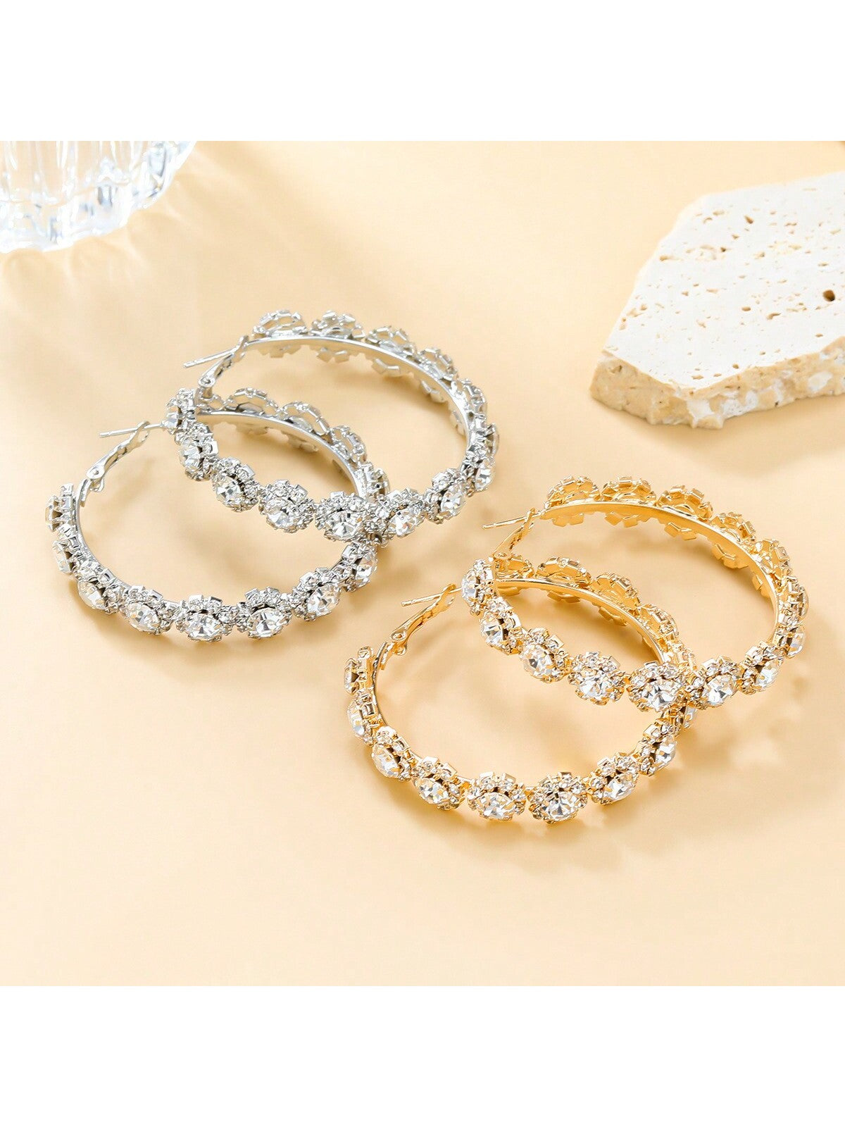 2pcs Super Sparkly Claw Chain Hoop Earrings For Women, Multilayered Round Floral Bridal Jewelry Style--1