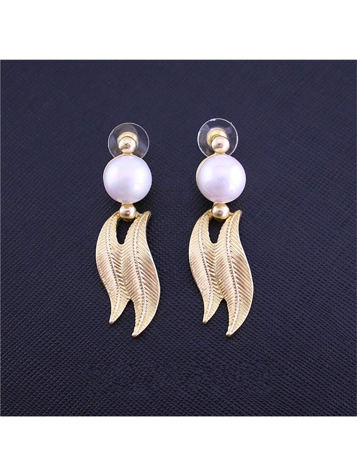 1pair Japanese & Korean Style Alloy Inlaid Irregular Pearl & Leaf Shaped Stud Earrings Drop Earrings, Valentine's Day Gift-Gold-1